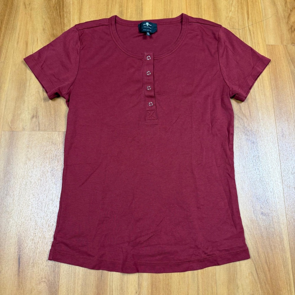 7 For All Mankind Womens Pima‎ Cotton Henley Short Sleeve Tee Maroon Burgundy XS